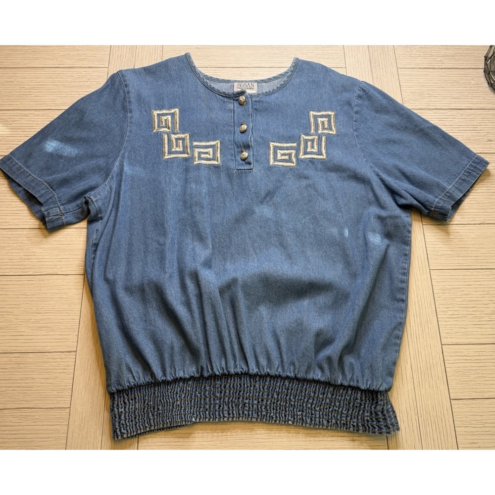 Susan Christopher California VTG Denim Short Sleeve Shirt Metallic Embroidery L